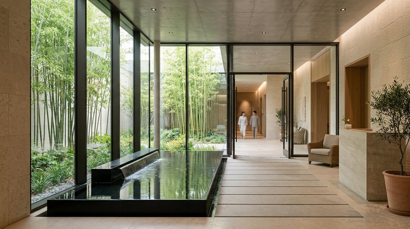 Modern glass and bamboo sanctuary with reflecting water feature