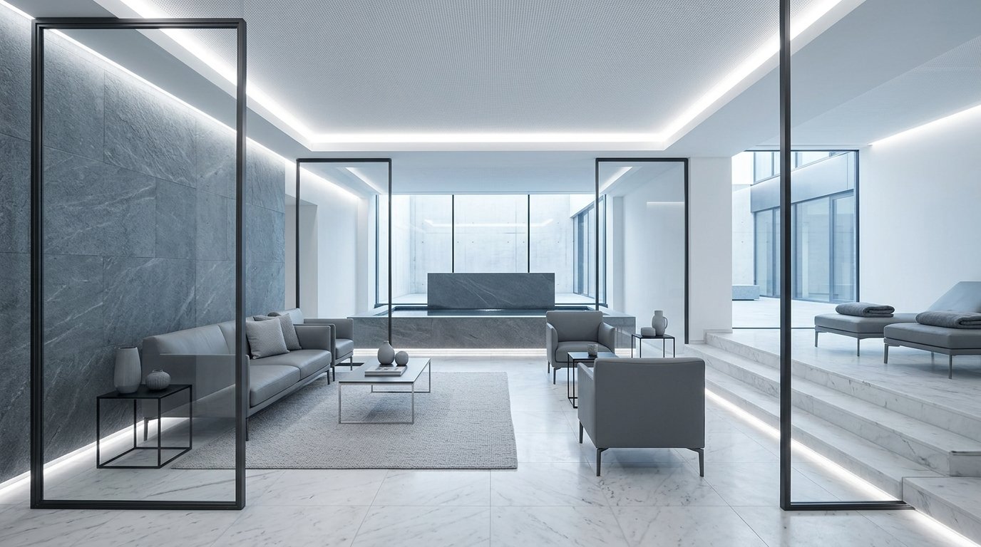 Sleek modern slate lounge at Holiday Spa